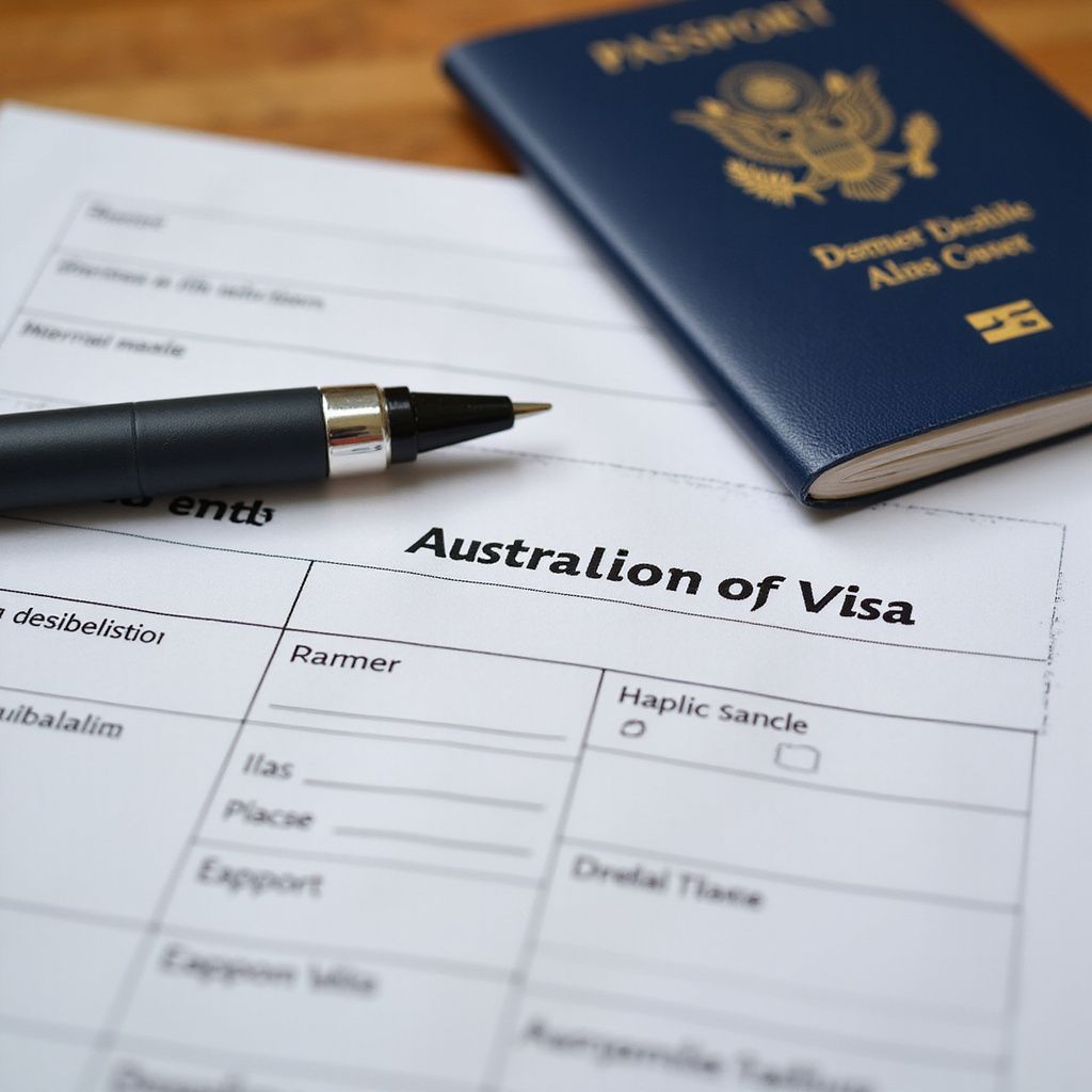 Passport, visa application, and pen on a wooden surface.