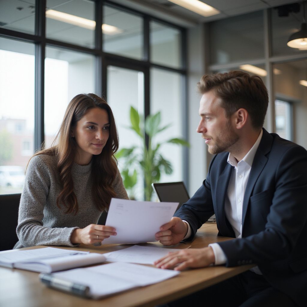 Woman and man reviewing documents at a table in an office.