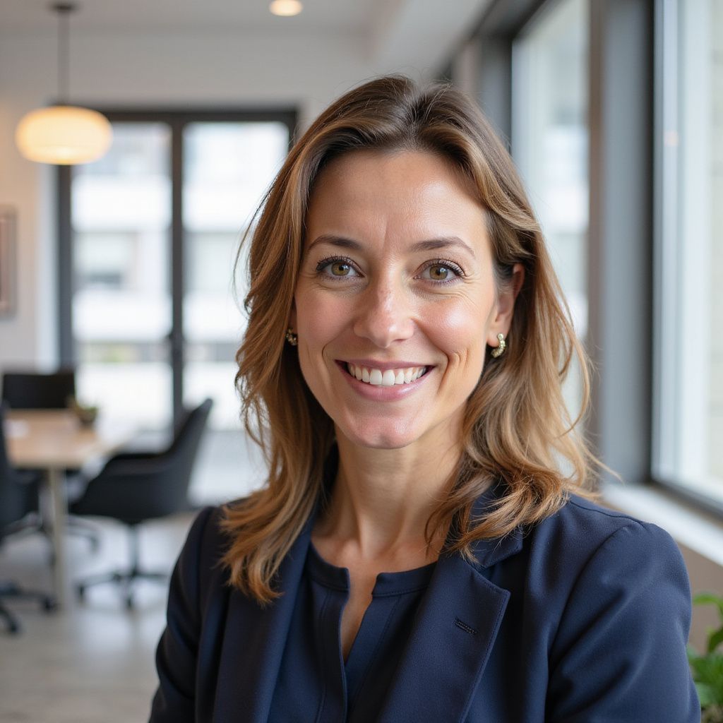 Woman in navy blazer smiling in office setting.