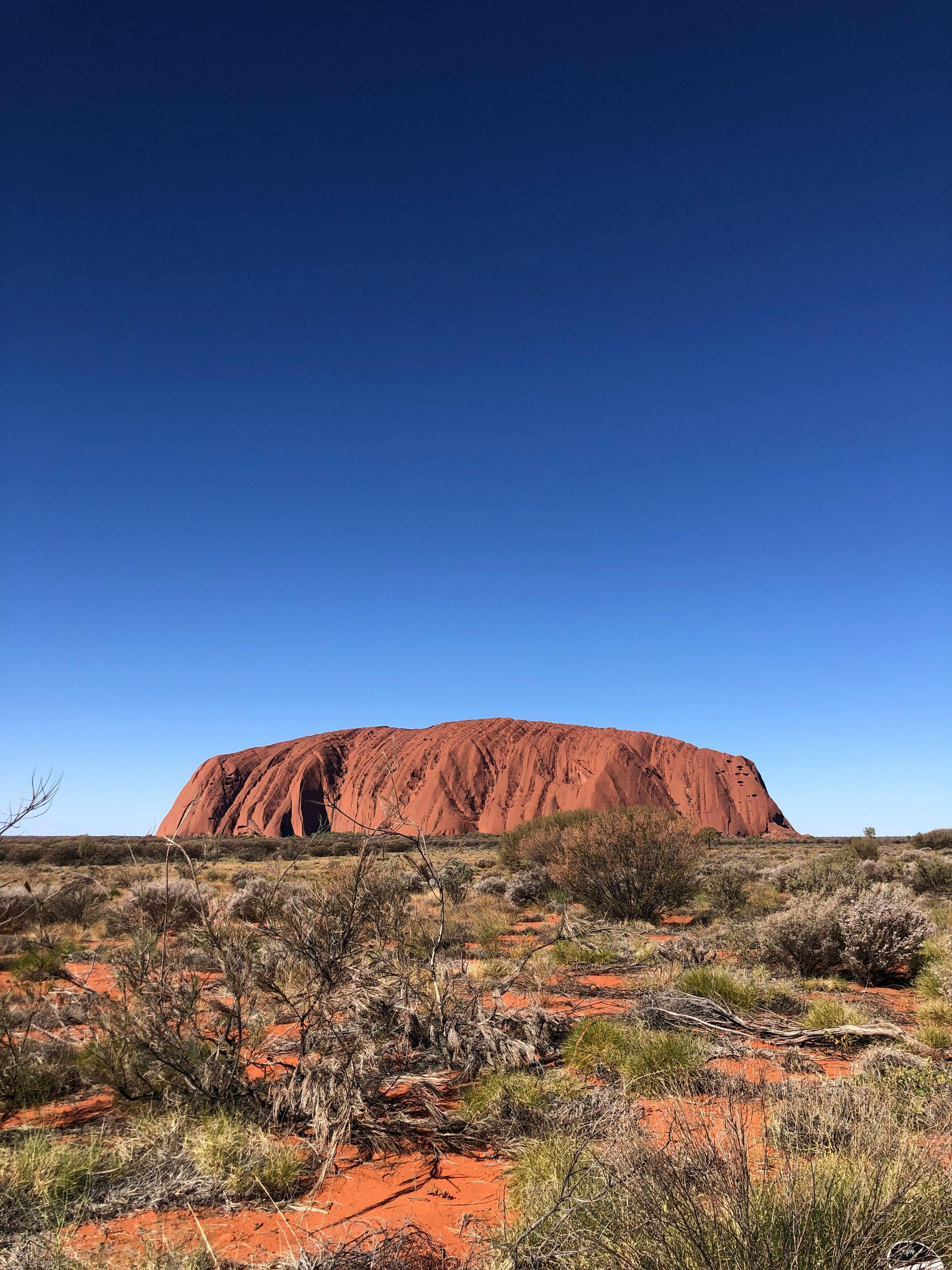Red rock formation (Uluru) rises from the arid desert landscape under a clear, blue sky.