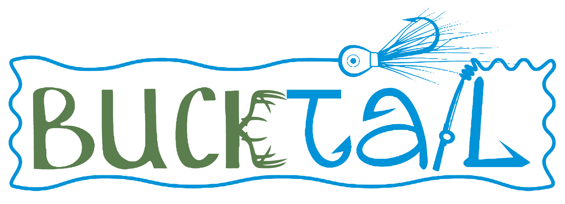 A logo for bucktail with a drawing of a bucktail and a tennis ball.