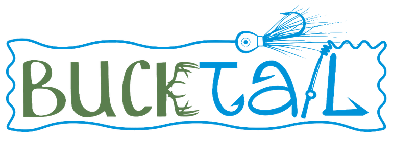 A logo for bucktail with a drawing of a bucktail and a tennis ball.