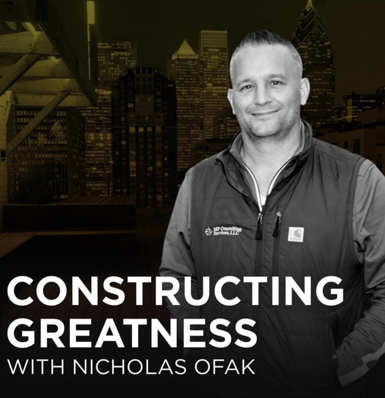 A black and white photo of a man with the words constructing greatness on the bottom