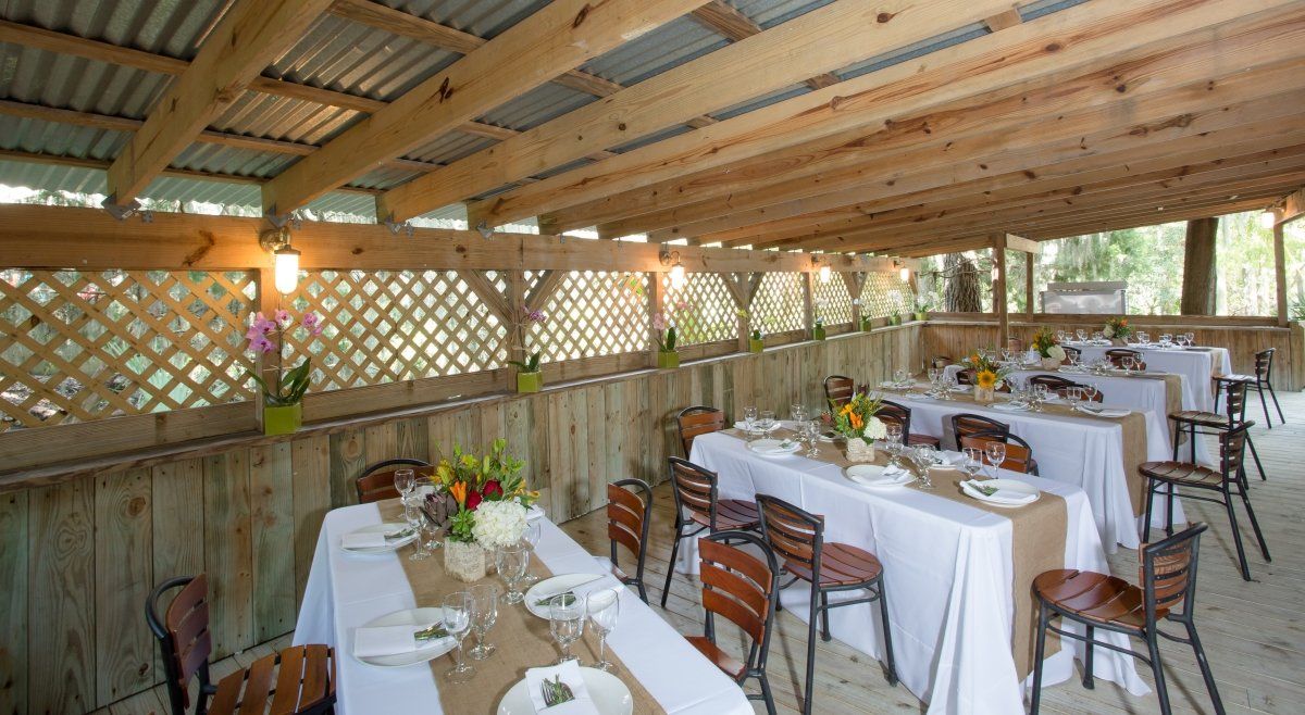 A covered area with tables and chairs set up for a wedding reception.