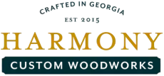 Harmony Custom Woodworks logo with gold text and teal banner, crafted in Georgia since 2015