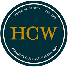 HGW logo in gold on dark teal circle, with “Harmony Custom Woodworks” and “Crafted in Georgia • Est. 2015”