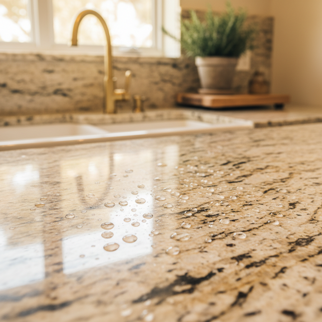 Water droplets on a light granite countertop with a gold faucet and a plant in the background.