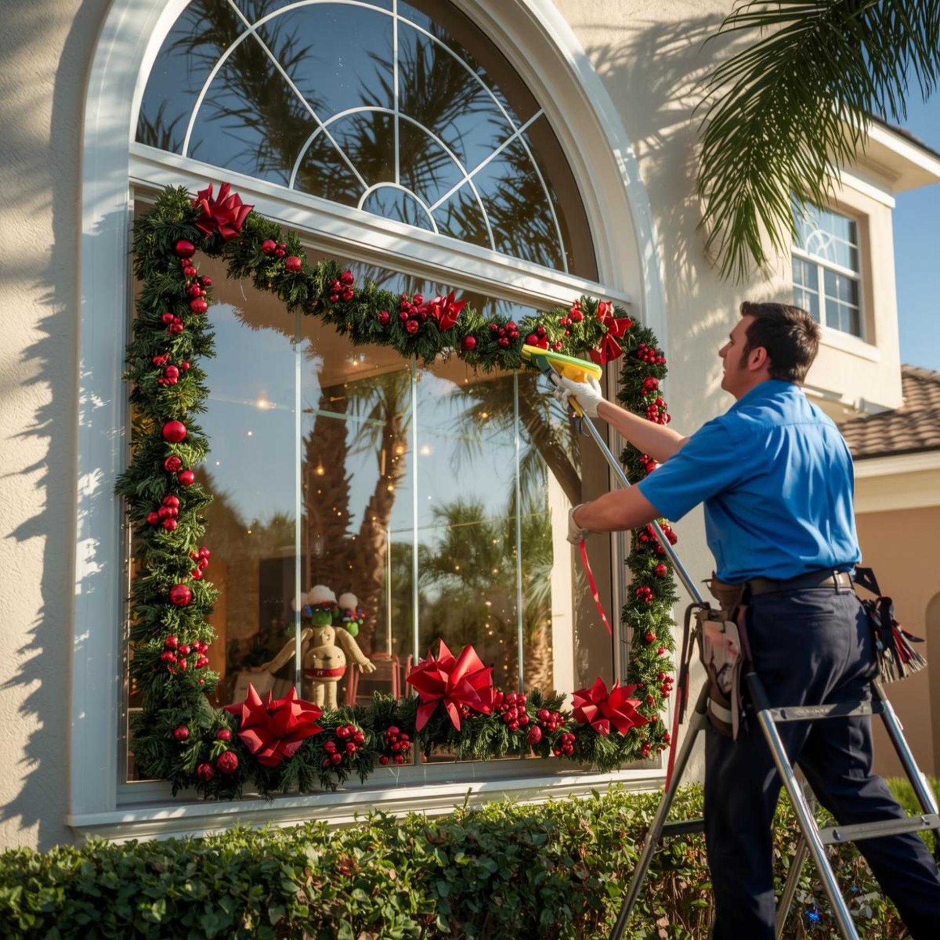 Man on ladder cleaning a large window decorated with Christmas garland.