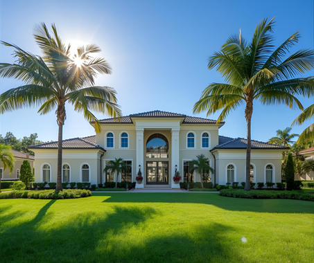 Elegant, light-colored mansion with palm trees on a sunny, green lawn.