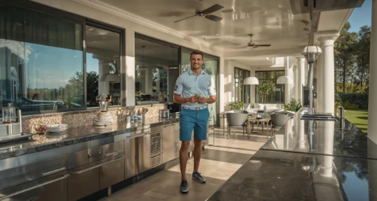 Luxurious modern beachfront villa with large windows and palm trees under a sunny sky.