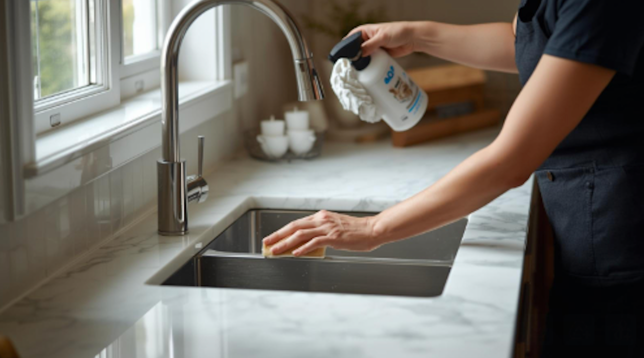 Man cleaning an outdoor kitchen countertop with a sponge and cloth. Text reads 