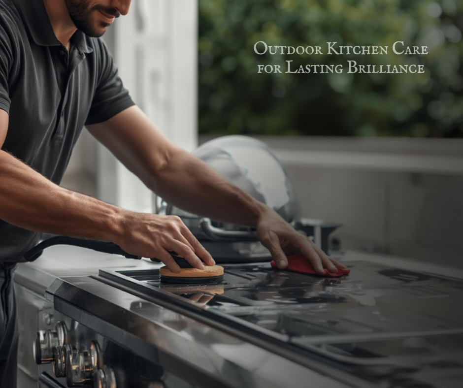 Man cleaning an outdoor kitchen countertop with a sponge and cloth. Text reads