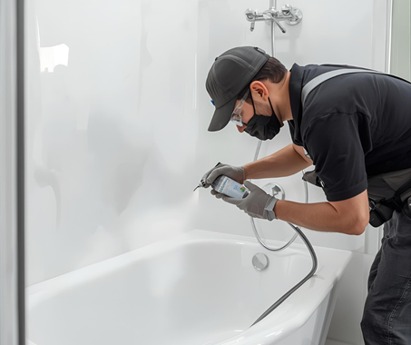 Person in a black outfit, mask, and cap inspecting a white bathtub with a device.