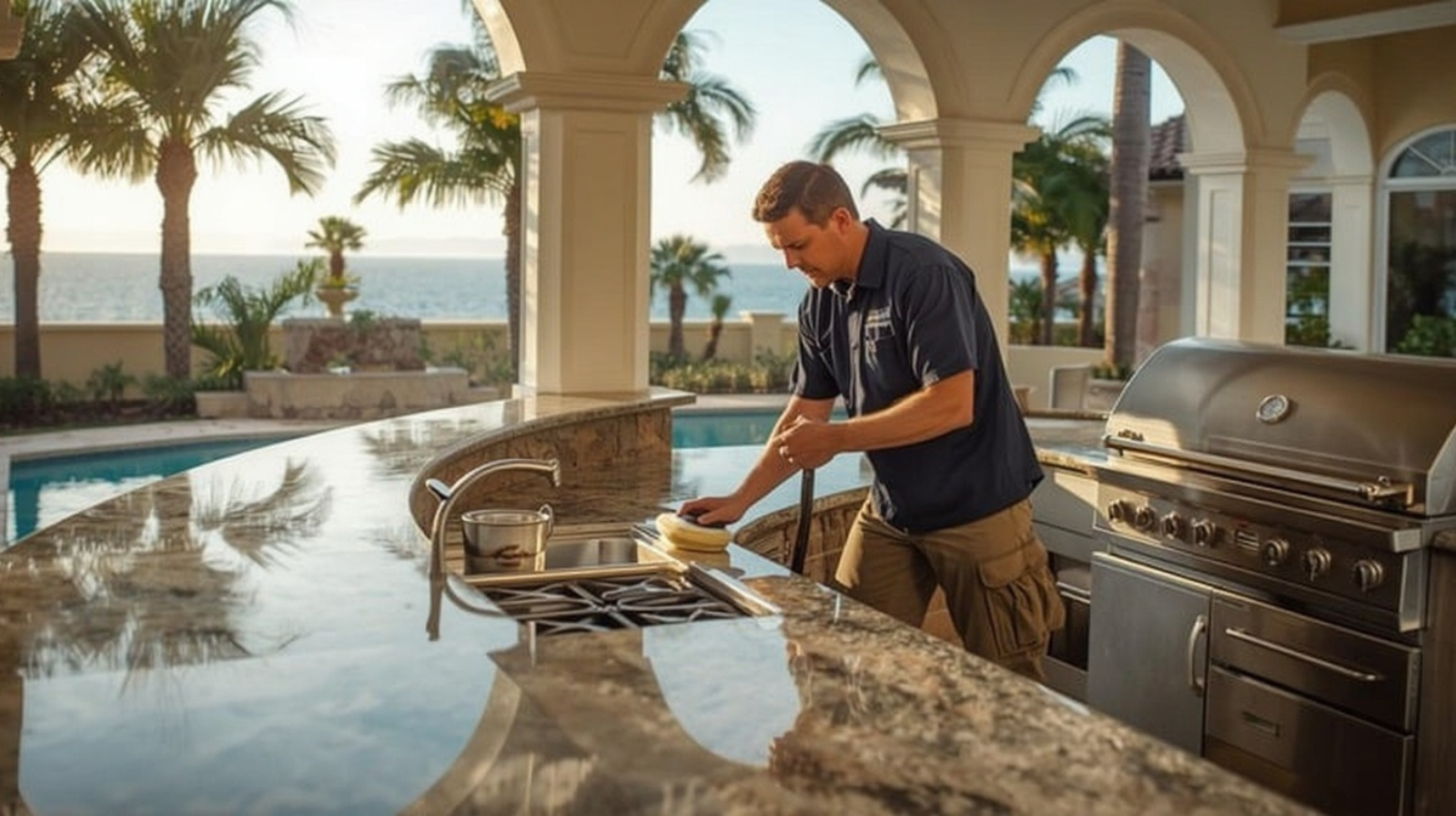 Man cleaning outdoor kitchen countertop near pool and ocean.