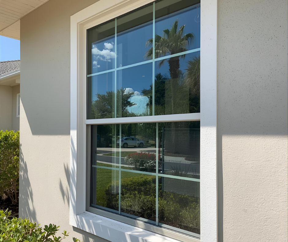 White-framed window on a stucco wall reflects a palm tree, sky, and street with a car.