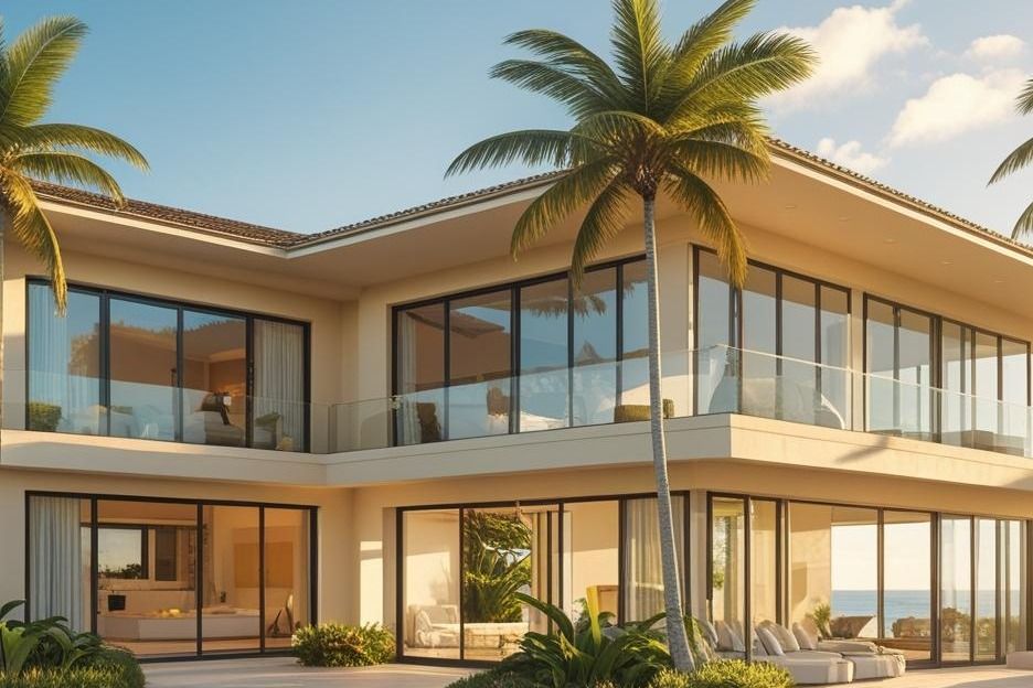 Luxurious modern beachfront villa with large windows and palm trees under a sunny sky.