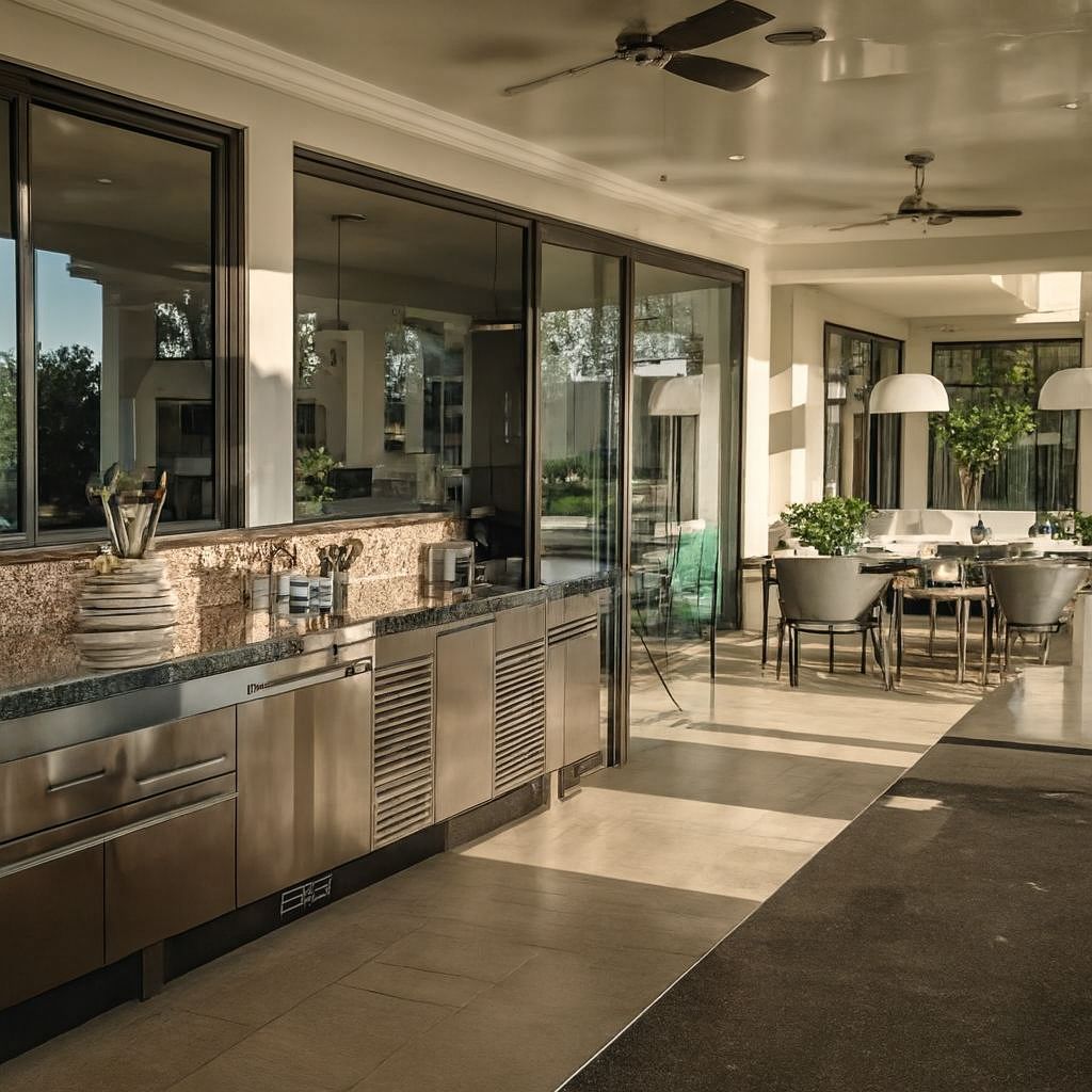 Outdoor kitchen with stainless steel appliances, dining area, and large windows.