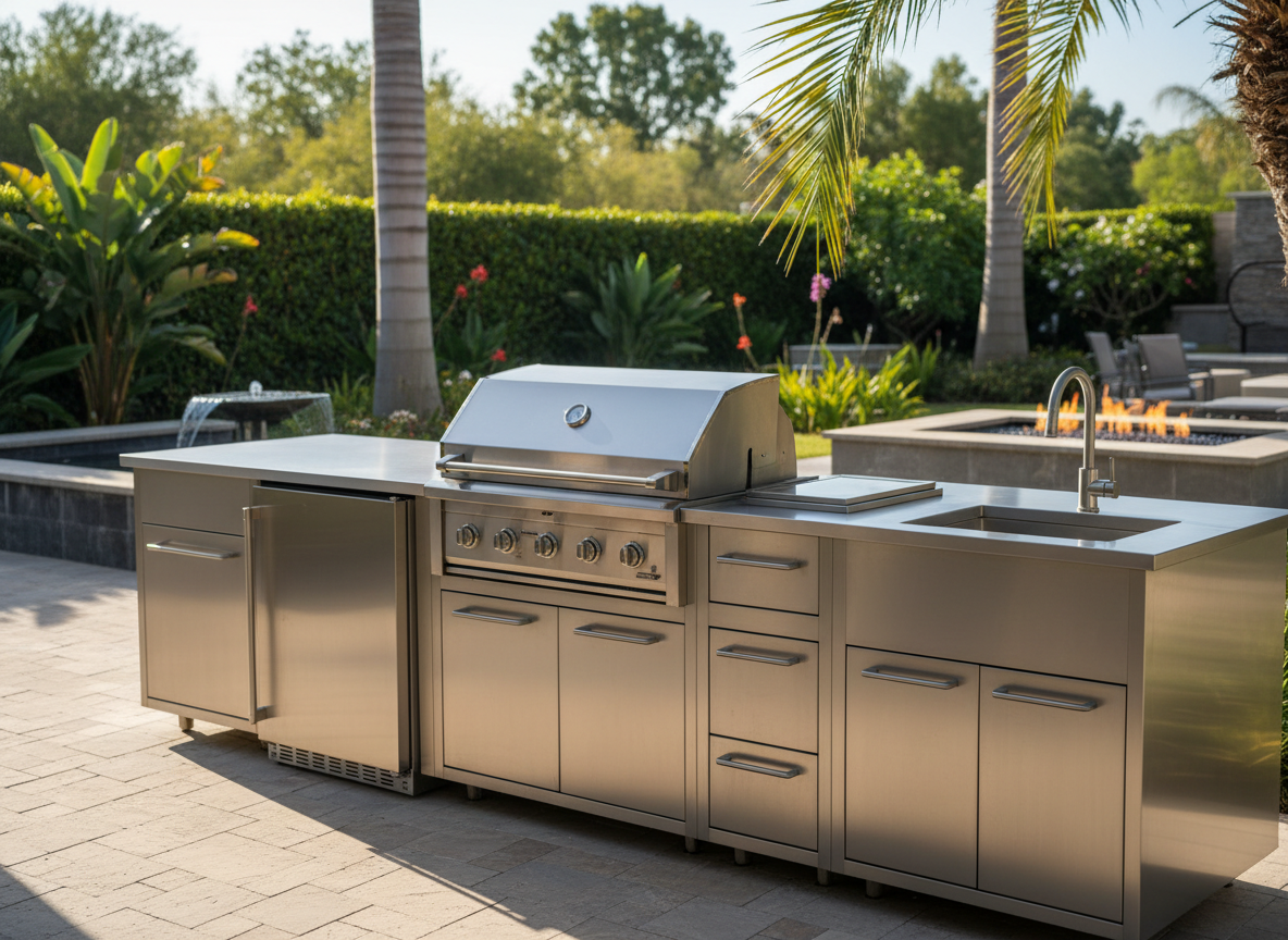 Outdoor stainless steel kitchen with grill, sink, and cabinets on a patio.