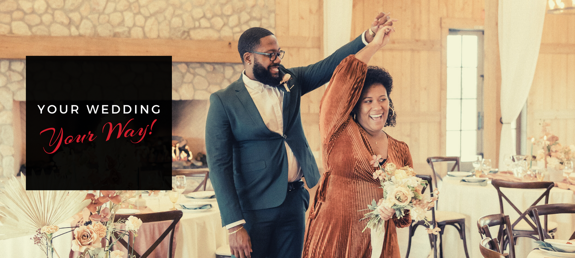Wedding couple dancing in a decorated venue, with “Your Wedding” text on the left.