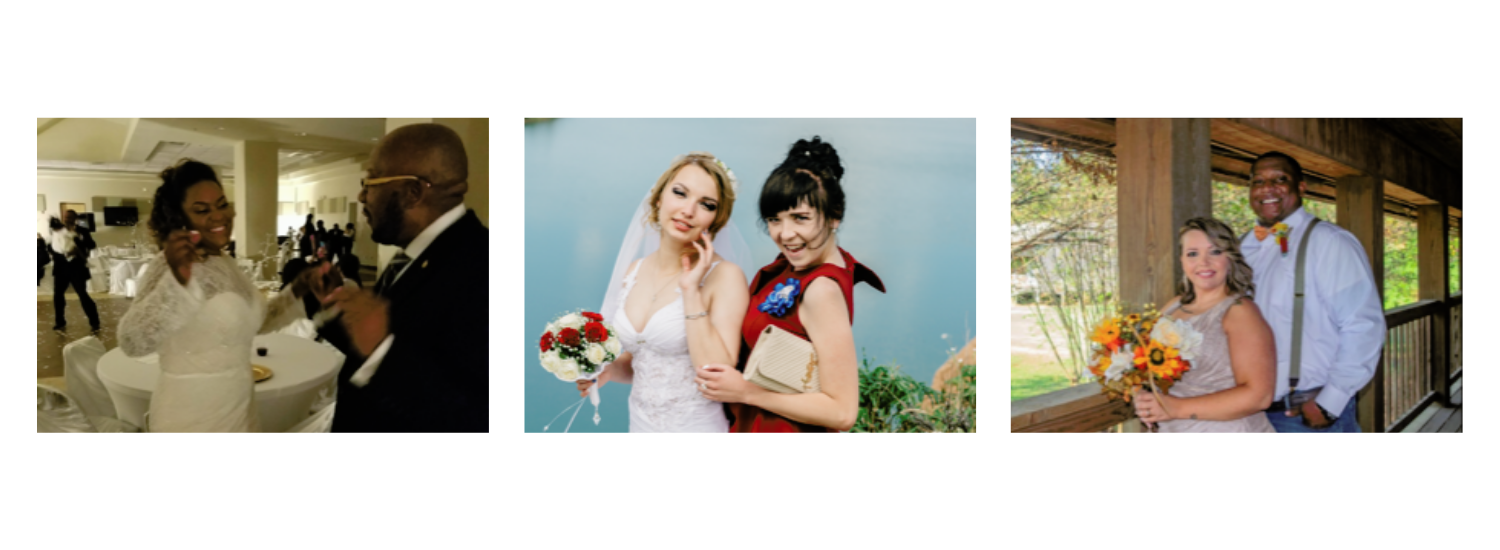 Wedding collage: bride and groom in formalwear, a smiling couple, and a bride with a bouquet.