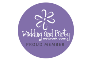 Purple circular Wedding and Party Network.com proud member logo with white flower icon and text