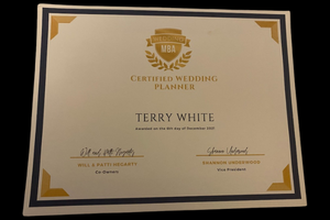 Gold-and-cream certified wedding planner certificate with the name Terry White.