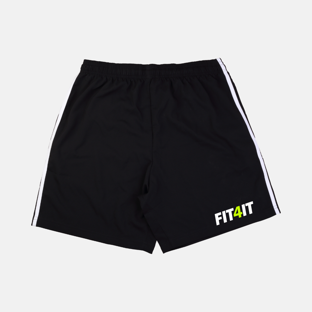 A pair of black shorts that say fit4it on the side