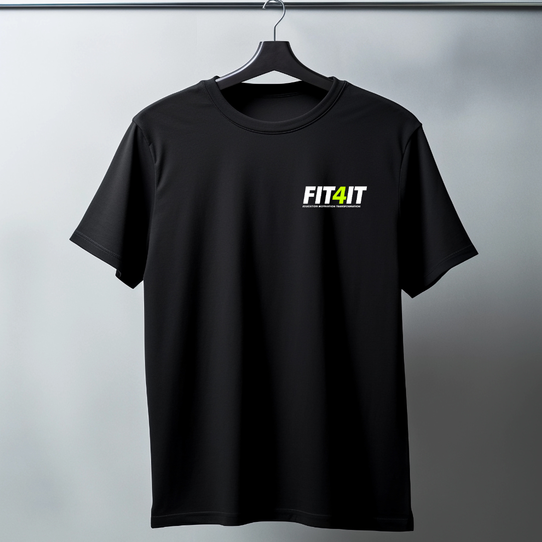 A black fit4it t-shirt is hanging on a rack