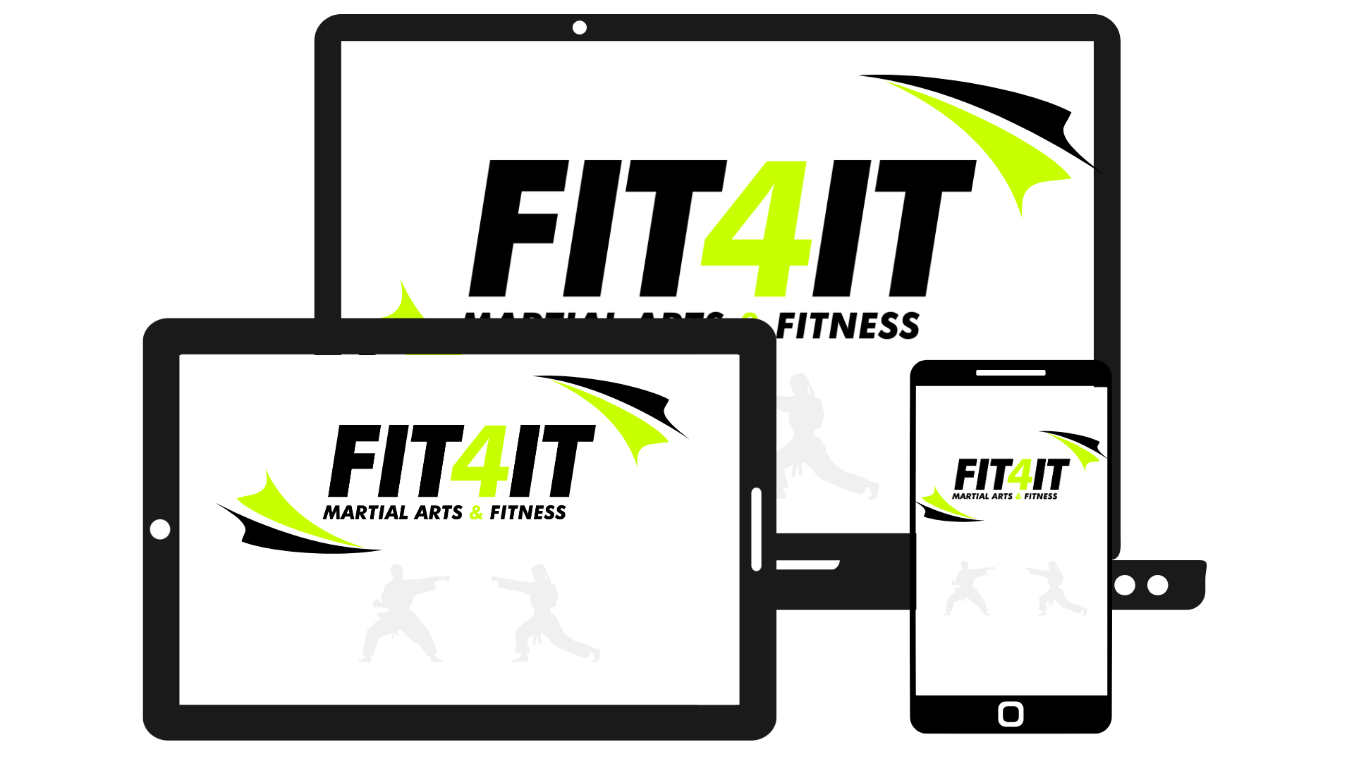 A laptop , tablet , and cell phone with the fit4it fitness logo on them.