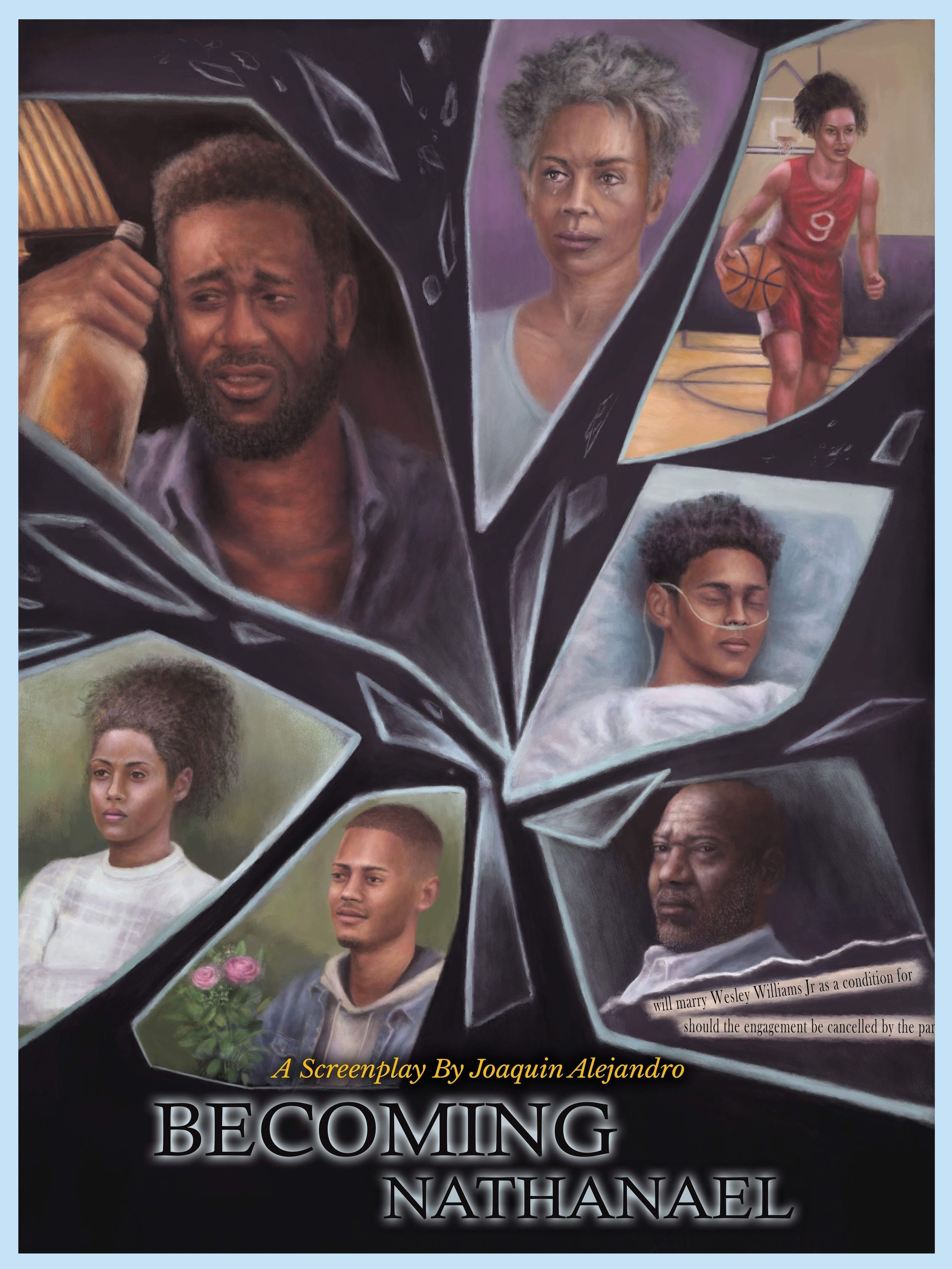 Cover art. Shattered glass reveals portraits of a man's life stages.
