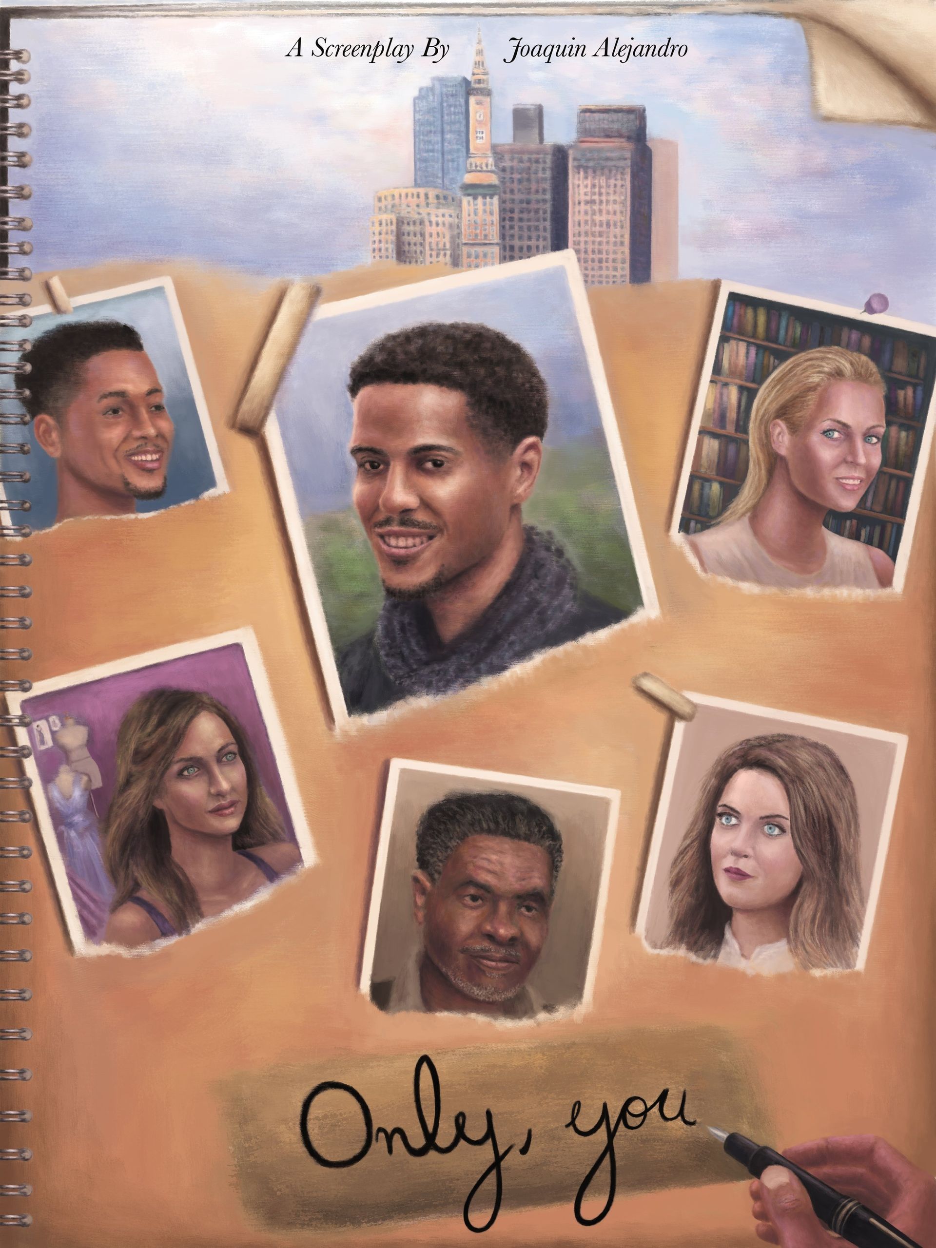 Book cover: Photos of people pinned on notebook paper, cityscape in the background. Title: 