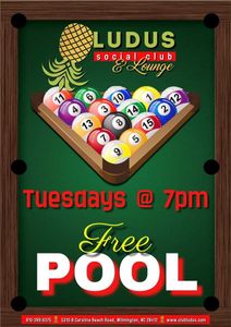 billiards, free Tuesdays at 7pm