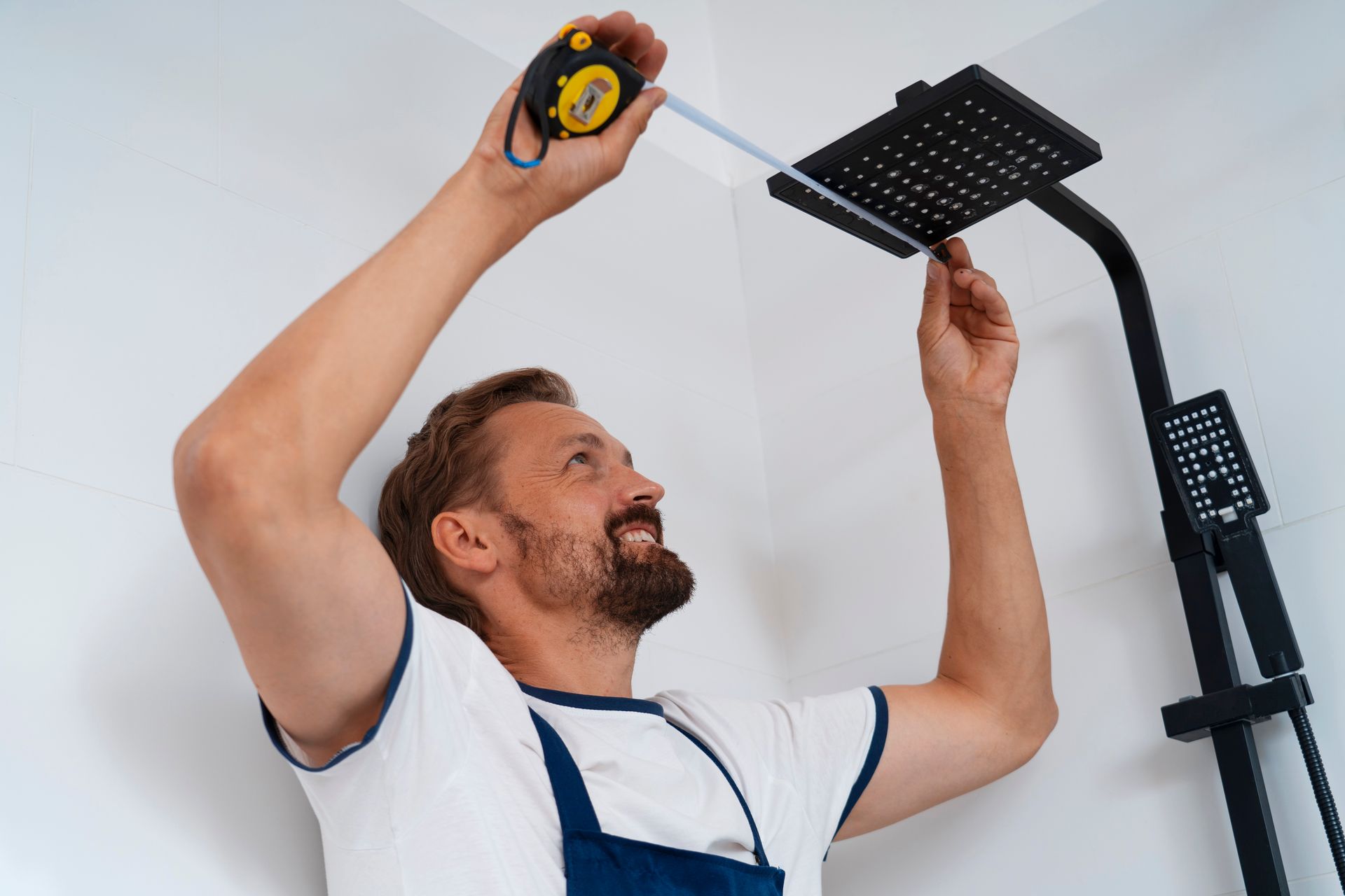 A man is measuring a shower head with a tape measure.