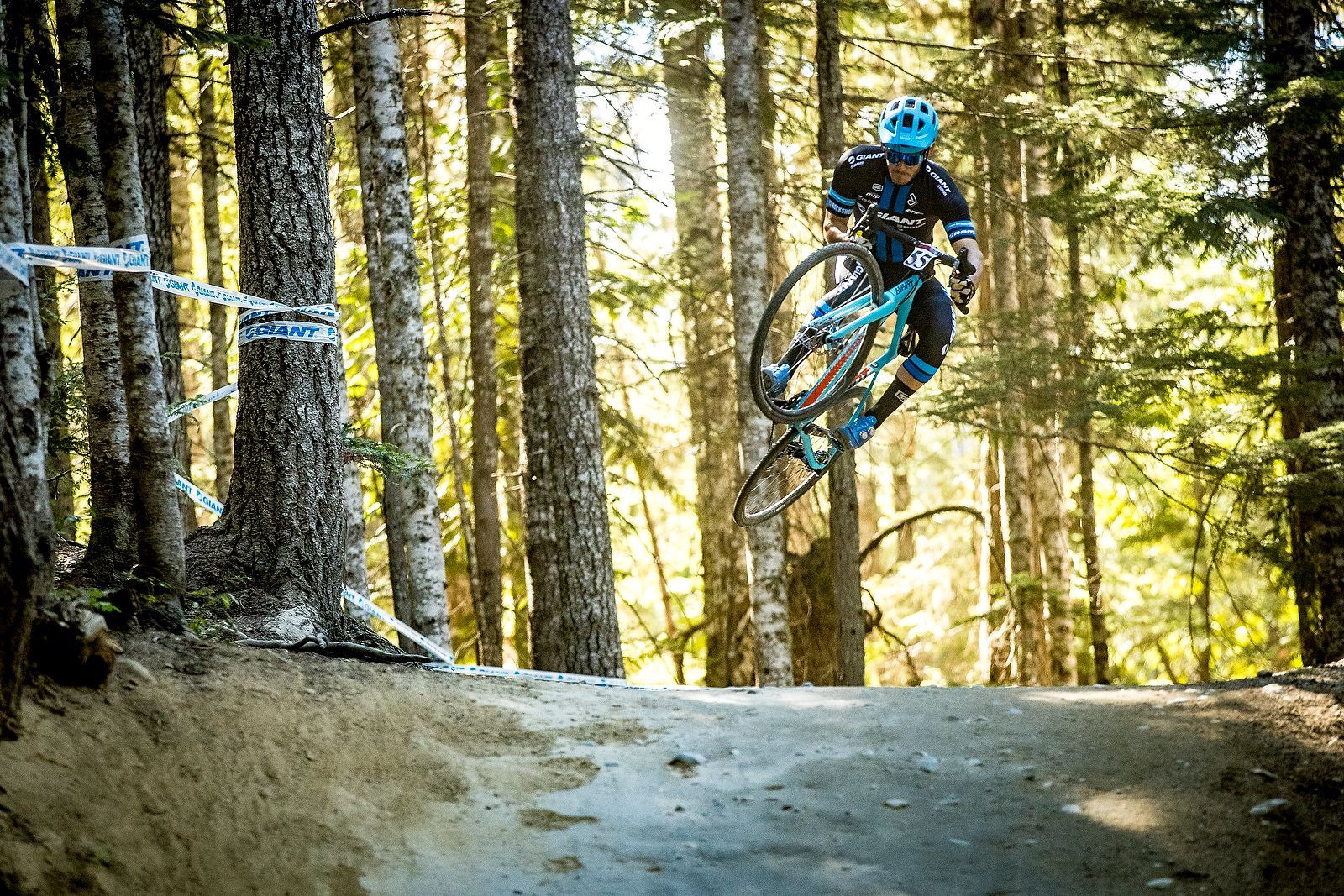 A group of people are standing on top of a hill in the woods.