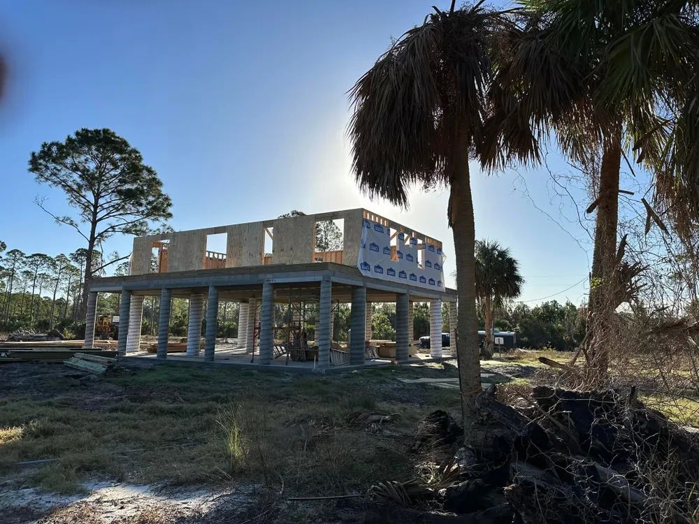 A house is being built in a field with a palm tree in the foreground.