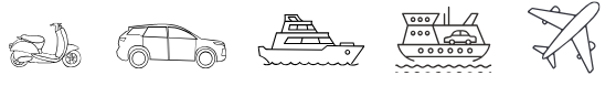 A black and white drawing of a car , boat , airplane and scooter.