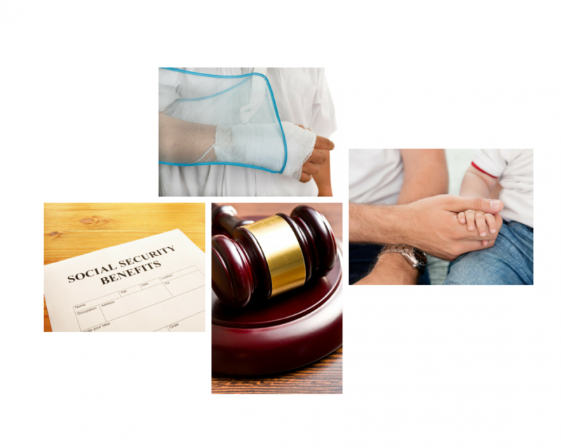 A collage showing a person with a cast, a Social Security Benefits form, a wooden gavel, and two people holding hands.