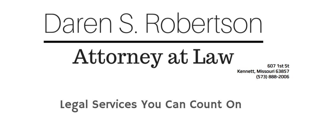 Business card for Daren S. Robertson, Attorney at Law, featuring the slogan 