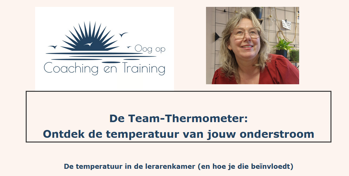 Nederlandstalige slide met logo, portretfoto en tekst: “De Team-Thermometer: Ontdek de temperatuur van jouw onderstroom”.
