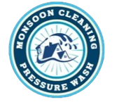 A blue and white logo for monsoon cleaning pressure wash