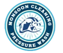 A blue and white logo for monsoon cleaning pressure wash