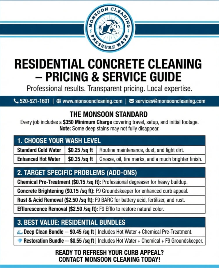 Flyer for Monsoon Cleaning services: pricing and service guide for residential concrete cleaning.