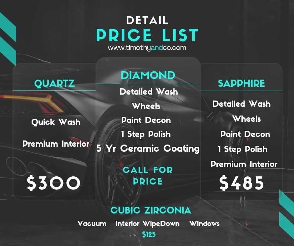A detail price list for a quartz diamond and sapphire car wash