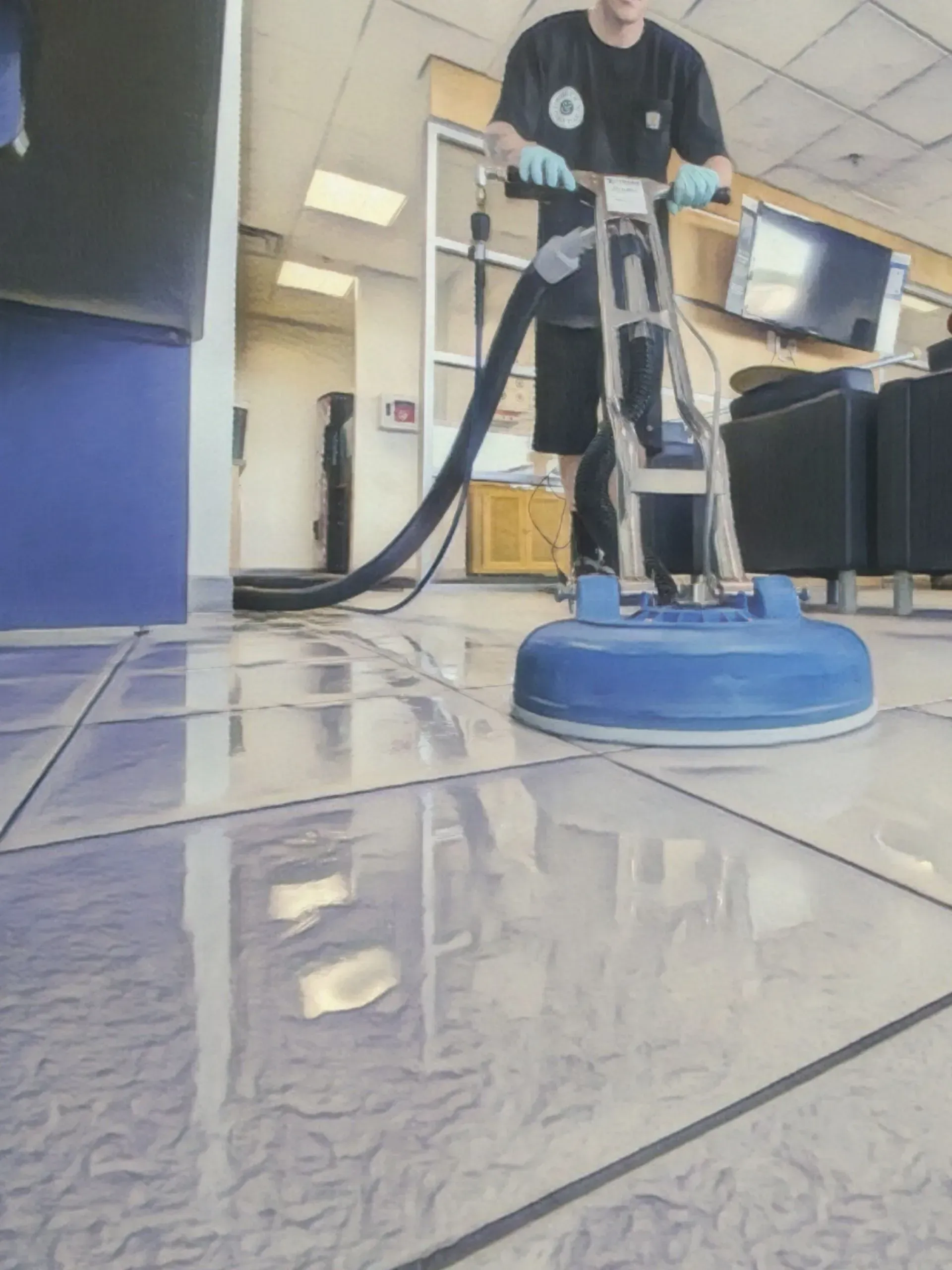 A man is cleaning a tiled floor with a vacuum cleaner.