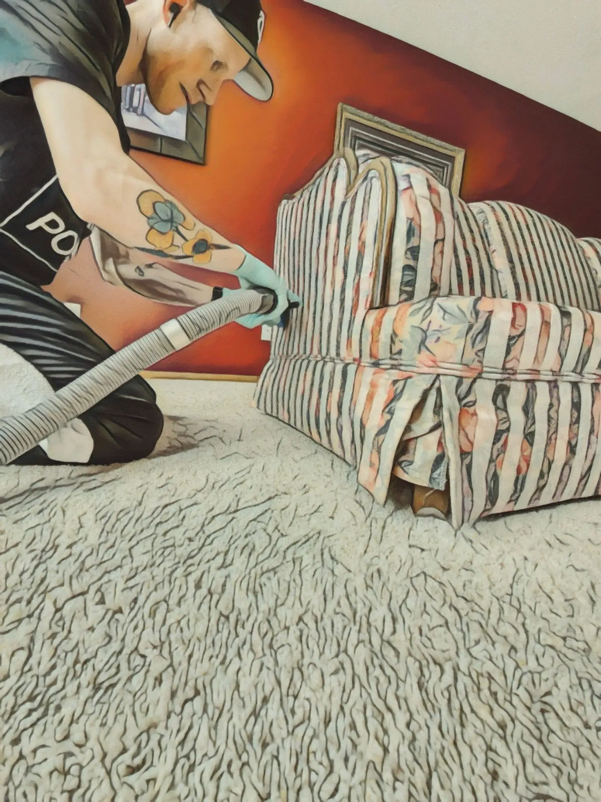 A man with a tattoo on his arm is using a vacuum cleaner to clean a couch