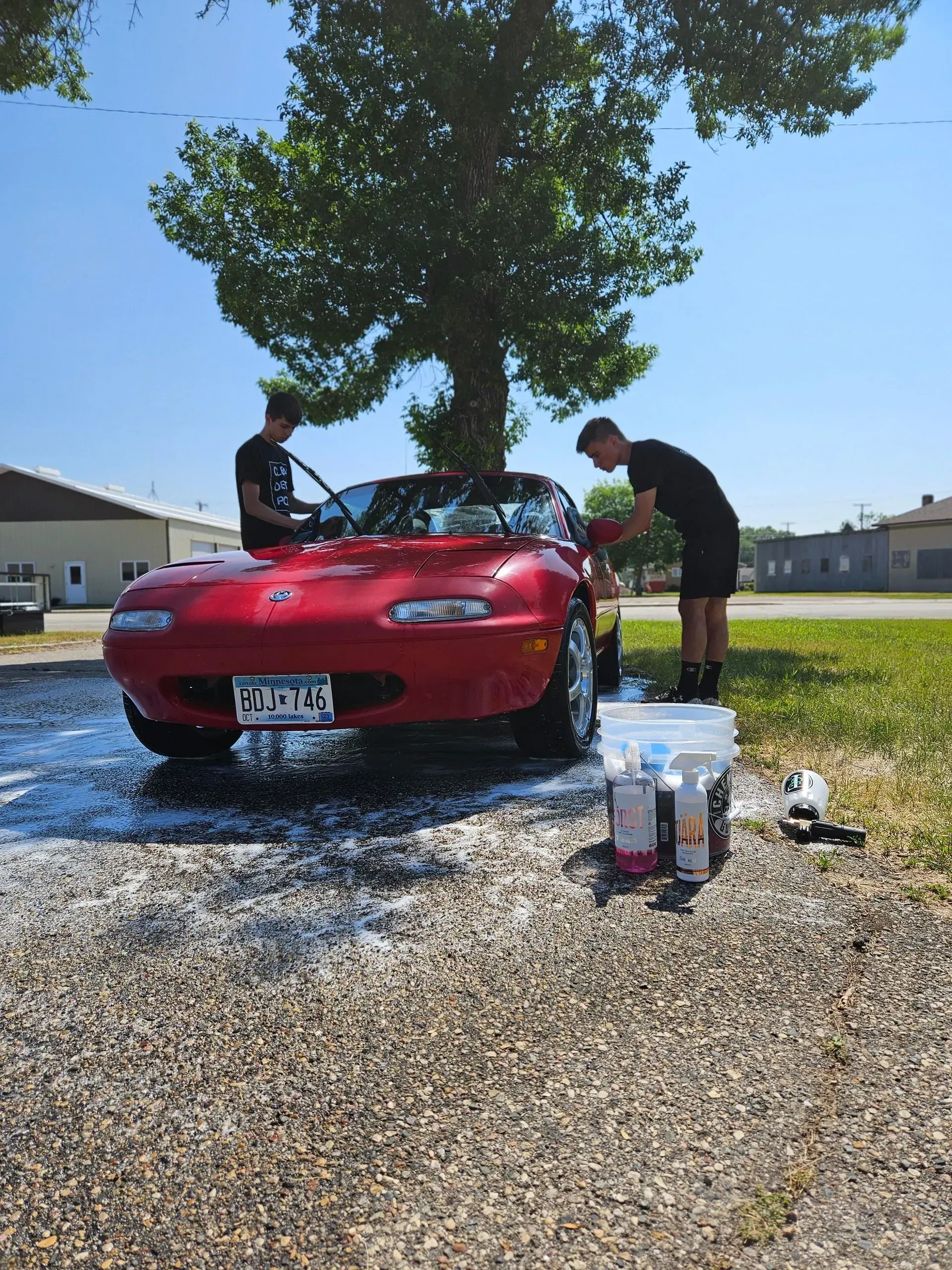 Two men are washing a red sports car under a tree.