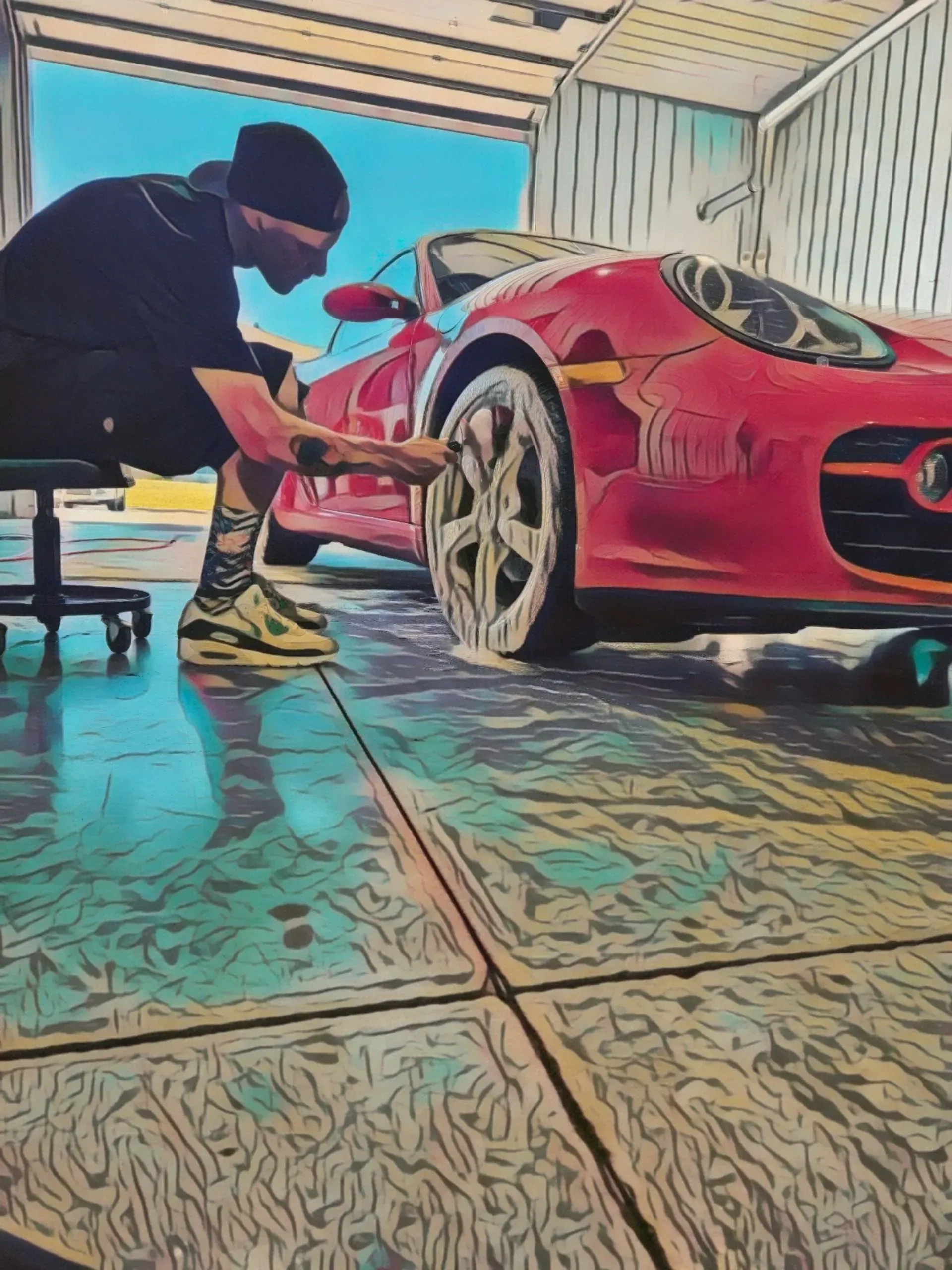 A man is cleaning a red sports car in a garage