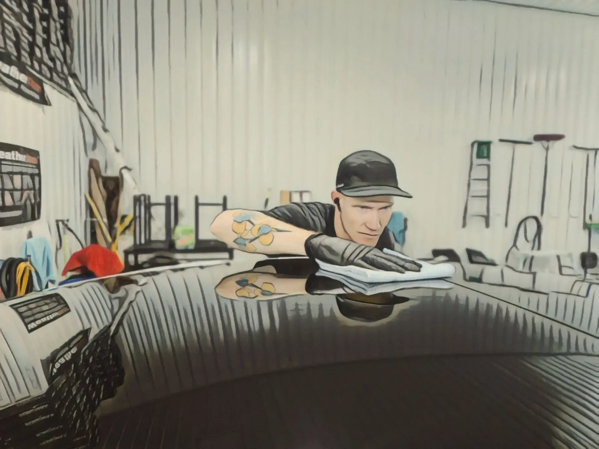 A man is polishing a black car in a garage