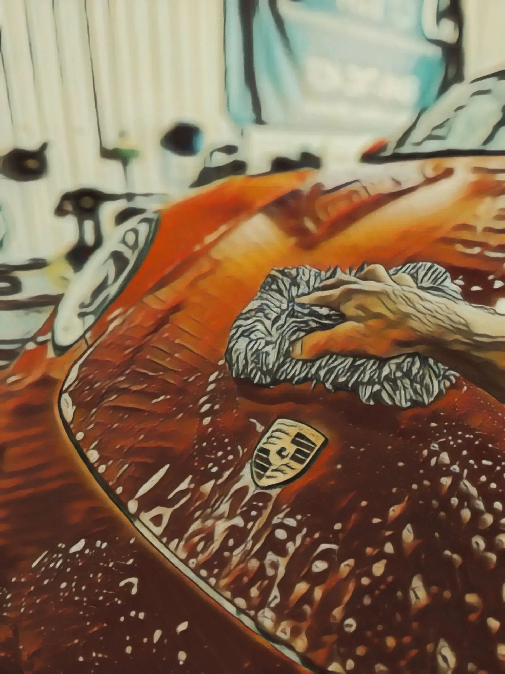 A painting of a person washing a porsche car