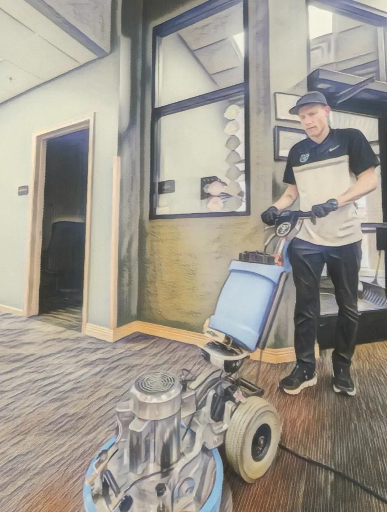 A man is cleaning a carpet with a machine